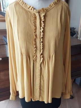 Women's Mustard Yellow Ruffle Pintuck Long Sleeve Top